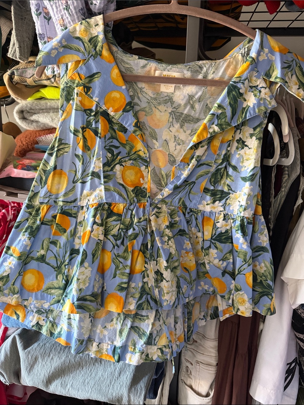 Anthropologie Maeve Lemon Print Ruffled Sleeveless Top